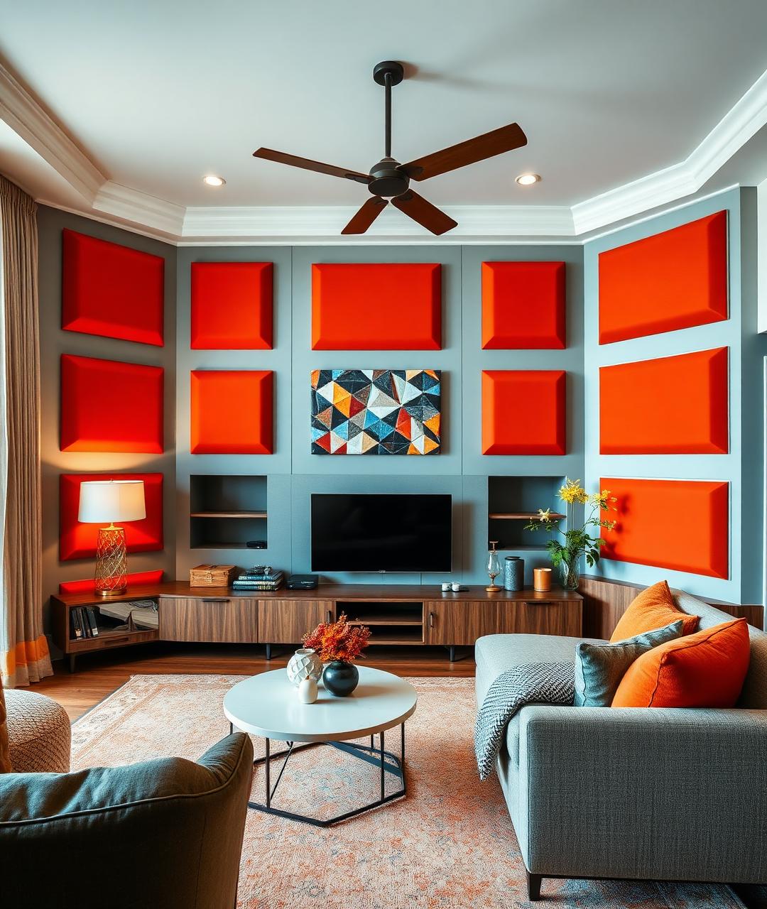 Living room with bold orange acoustic wall panels and warm wooden furniture